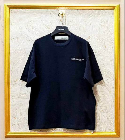 Black oversized t-shirt inspired by Off-White with “Off-White™” front logo, displayed on hanger in gold frame.