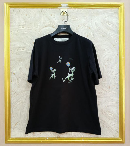 Black t-shirt with "Off-White™" logo on a hanger against a marble wall.