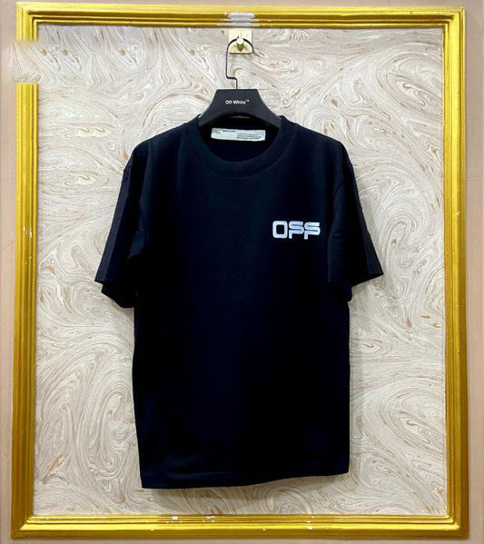Black t-shirt with "Off-White™" logo on a hanger against a marble wall.