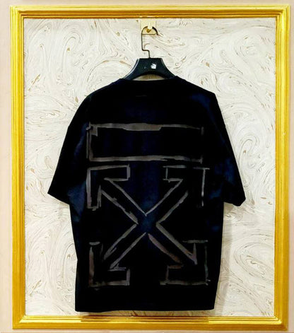 Black Off-White style t-shirt back with “WHITE” print and diagonal lines.