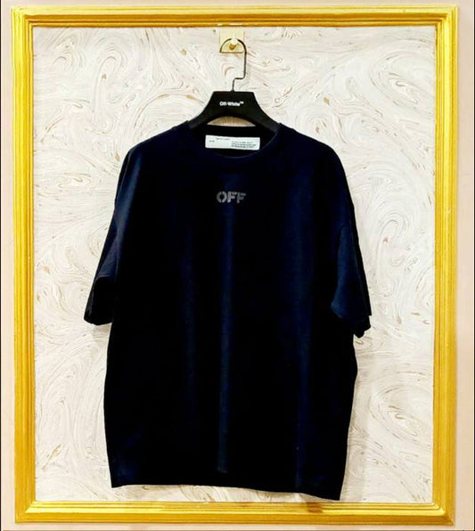 Black oversized t-shirt inspired by Off-White with “OFF” front logo, displayed on hanger in gold frame.