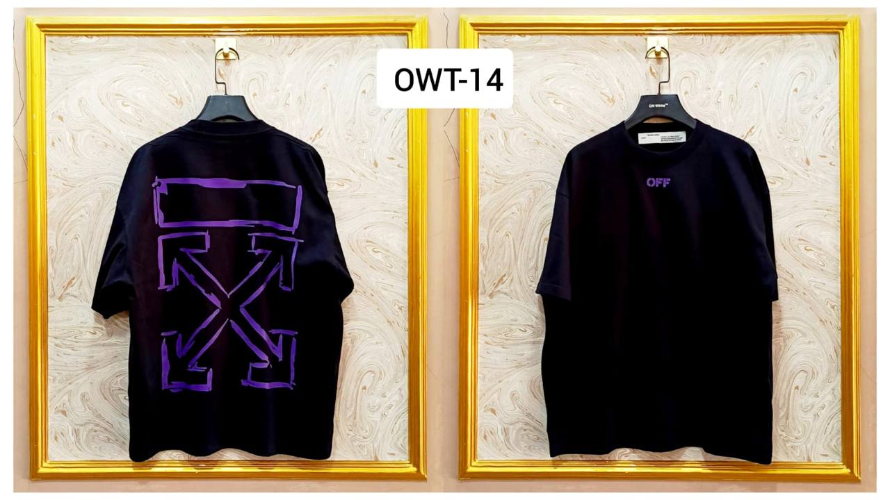 Black Off-White style t-shirt back with “Purple” print and diagonal lines.