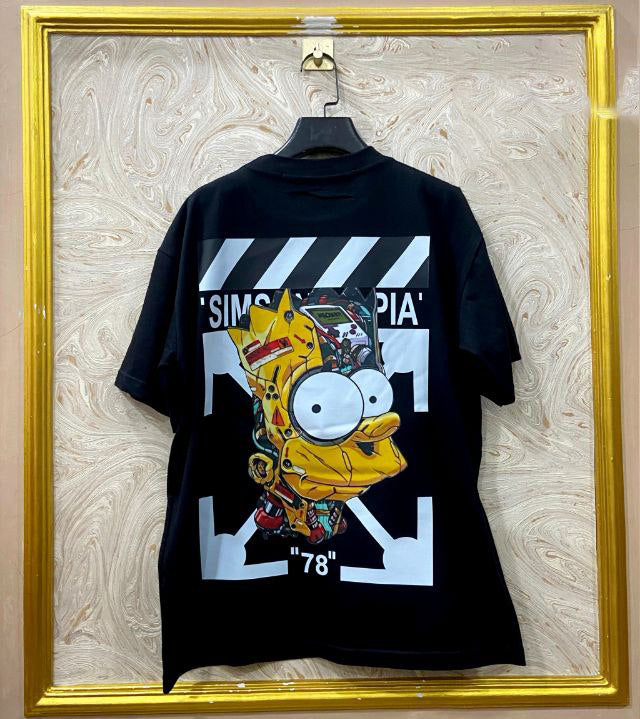 Black t-shirt with "Off-White™" design on a hanger against a decorative wall.