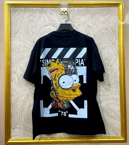 Black t-shirt with "Off-White™" design on a hanger against a decorative wall.