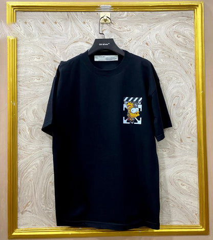 Black t-shirt with "Off-White™" logo on a hanger against a marble wall.
