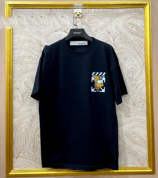 Black t-shirt with "Off-White™" logo on a hanger against a marble wall.