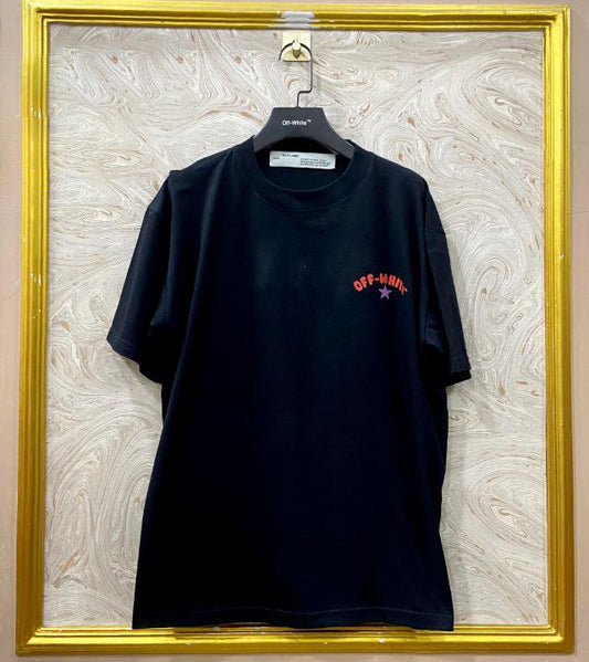 Black t-shirt with "Off-White™" logo on a hanger against a marble wall.