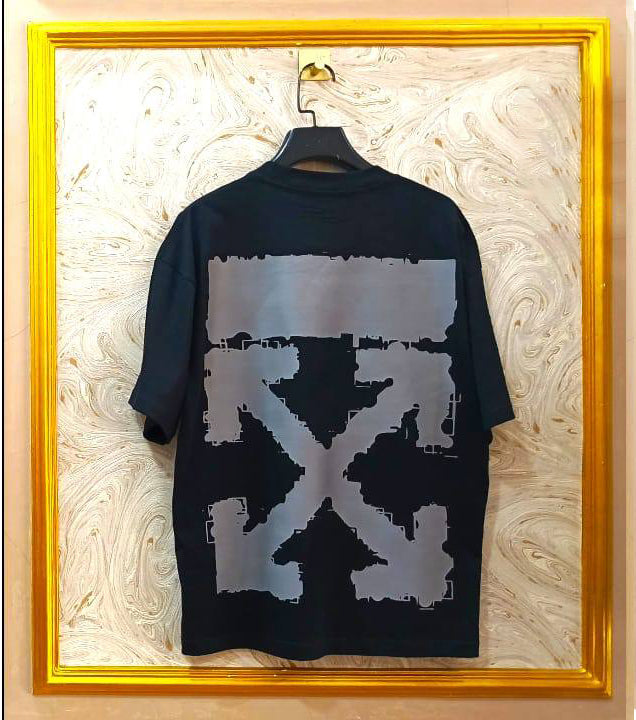 Black Off-White style t-shirt back with “Grey” print and diagonal lines.
