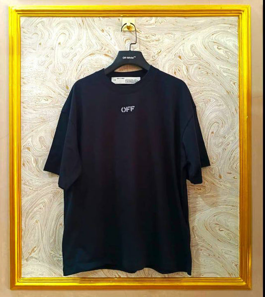 Black oversized t-shirt inspired by Off-White with “OFF” front logo, displayed on hanger in gold frame.