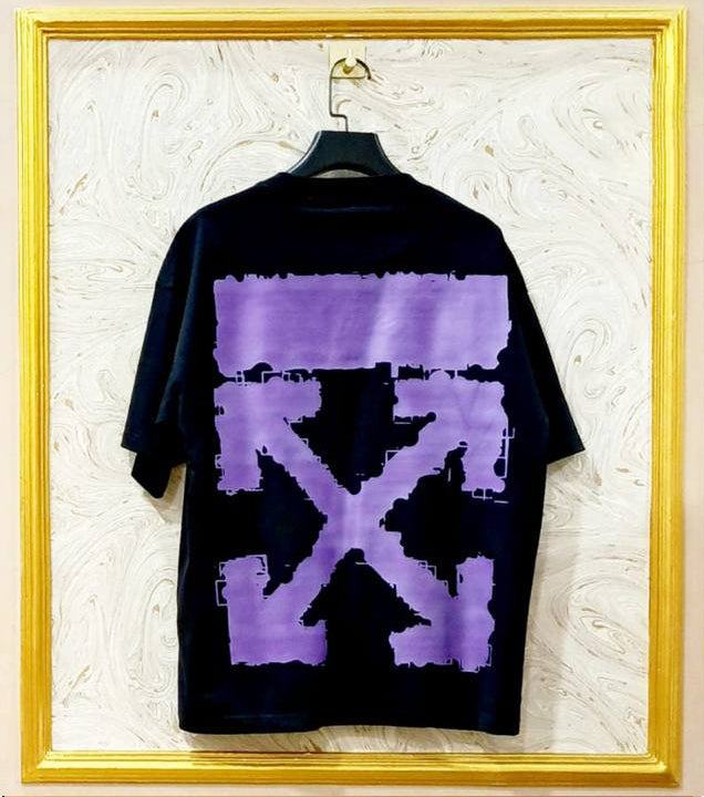 Black Off-White style t-shirt back with “PURPLE” print and diagonal lines.