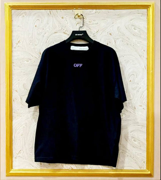 Black oversized t-shirt inspired by Off-White with “OFF” front logo, displayed on hanger in gold frame.