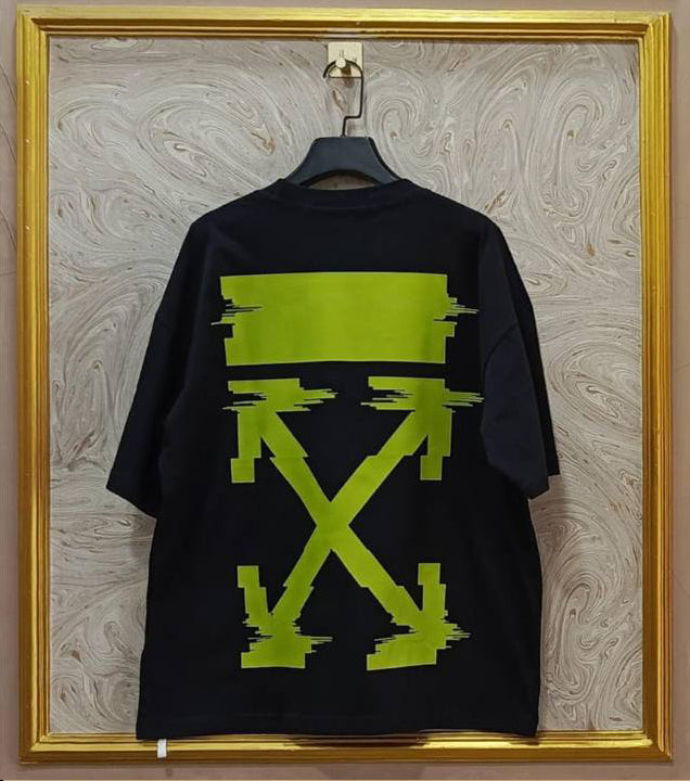 Black Off-White style t-shirt back with “GREEN” print and diagonal lines.