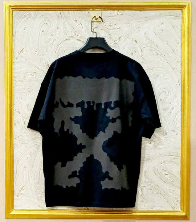 Black Off-White style t-shirt back with “GREY” print and diagonal lines.