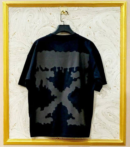 Black Off-White style t-shirt back with “GREY” print and diagonal lines.
