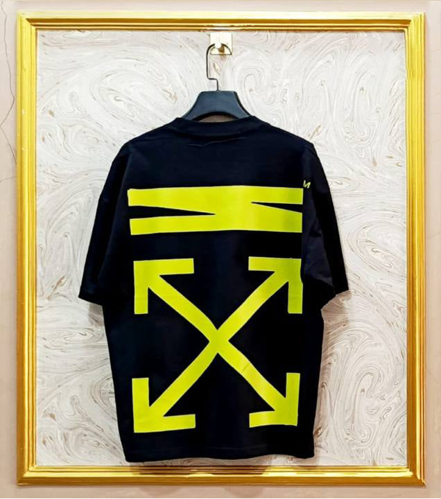 Black Off-White style t-shirt back with “YELLOW” print and diagonal lines.