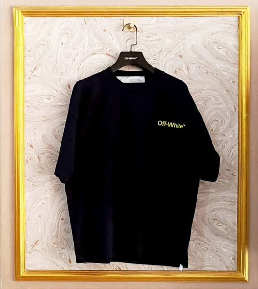 Black oversized t-shirt inspired by Off-White with “OFF” front logo, displayed on hanger in gold frame.