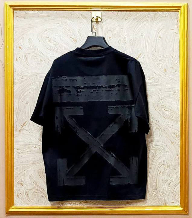 Black Off-White style t-shirt back with “BLACK ON BLACK” print and diagonal lines.