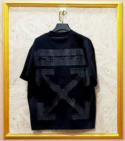 Black Off-White style t-shirt back with “BLACK ON BLACK” print and diagonal lines.