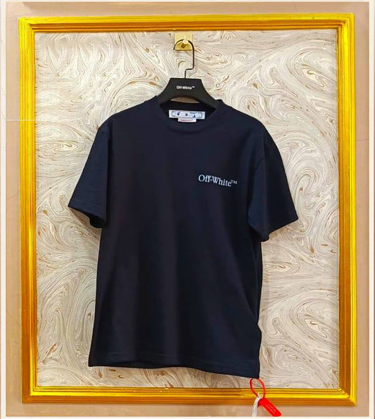 Black oversized t-shirt inspired by Off-White with “Off-White™” front logo, displayed on hanger in gold frame.