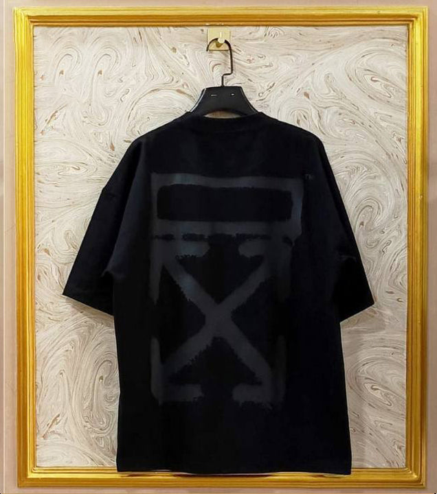 Black Off-White style t-shirt back with “BLACK ON BLACK” print and diagonal lines.