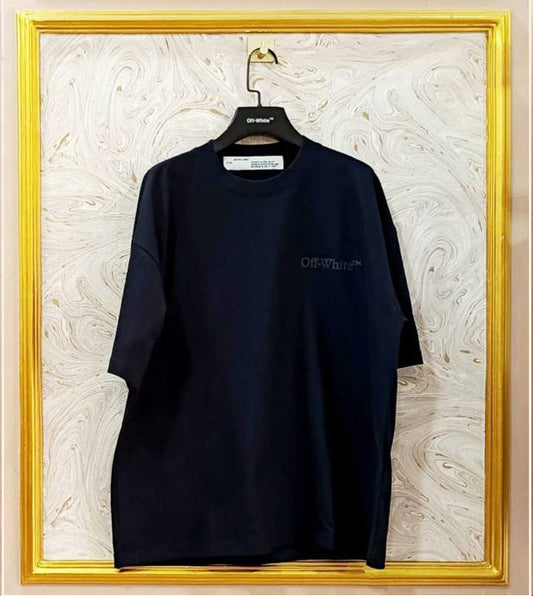 Black oversized t-shirt inspired by Off-White with “OFF-White™” front logo, displayed on hanger in gold frame.