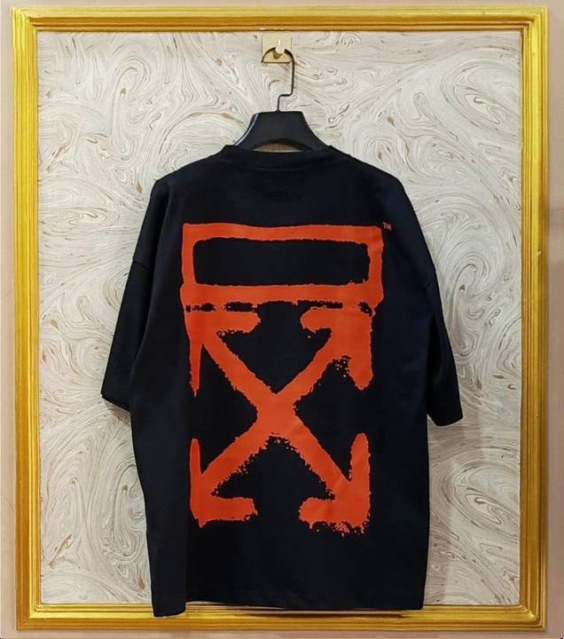 Black Off-White style t-shirt back with “ORANGE” print and diagonal lines.