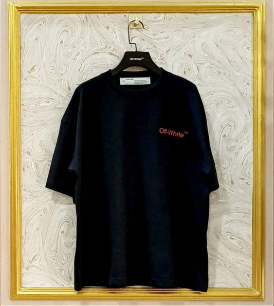 Black oversized t-shirt inspired by Off-White with “Off-White™” front logo, displayed on hanger in gold frame.