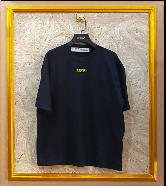 Black oversized t-shirt inspired by Off-White with “OFF” front logo, displayed on hanger in gold frame.
