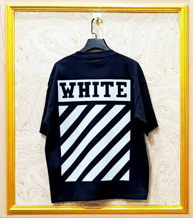Black Off-White style t-shirt back with “WHITE” print and diagonal lines.