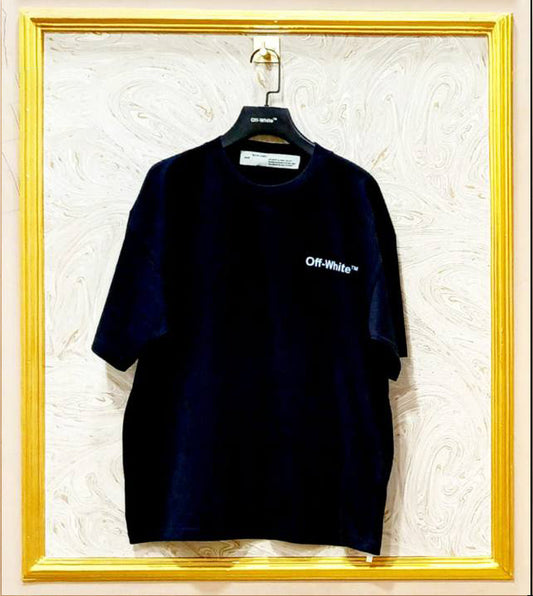 Black oversized t-shirt inspired by Off-White with “OFF” front logo, displayed on hanger in gold frame.