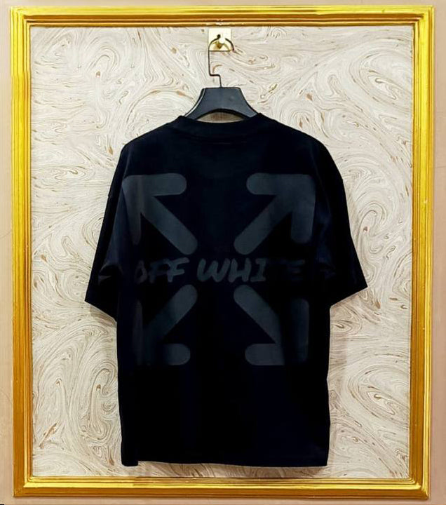 Black Off-White style t-shirt back with “BLACK ON BLACK” print and diagonal lines.