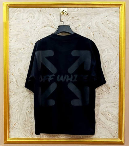 Black Off-White style t-shirt back with “BLACK ON BLACK” print and diagonal lines.