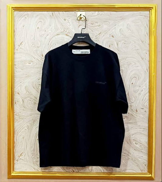 Black oversized t-shirt inspired by Off-White with “Off-White™” front logo, displayed on hanger in gold frame.
