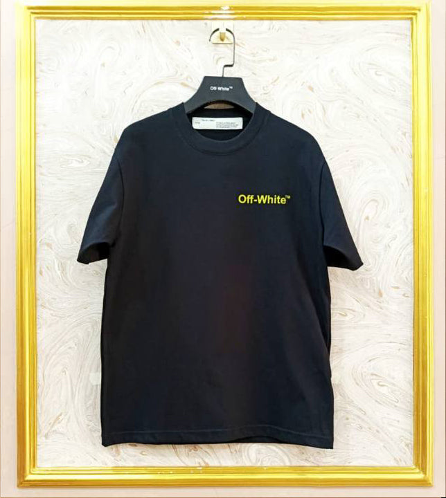 Black t-shirt with yellow 'Off-White™' logo on a hanger against a white background