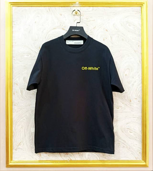 Black t-shirt with yellow 'Off-White™' logo on a hanger against a white background