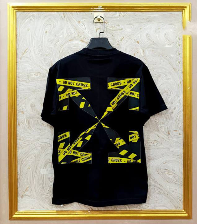 Black Off-White style t-shirt back with “YELLOW” print and diagonal lines.