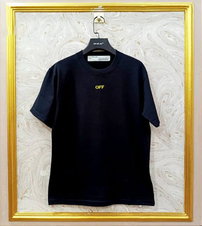 Black oversized t-shirt inspired by Off-White with “OFF” front logo, displayed on hanger in gold frame.