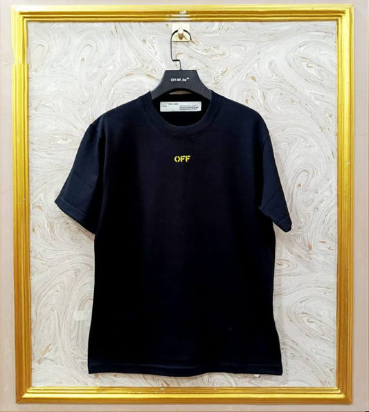 Black oversized t-shirt inspired by Off-White with “OFF” front logo, displayed on hanger in gold frame.
