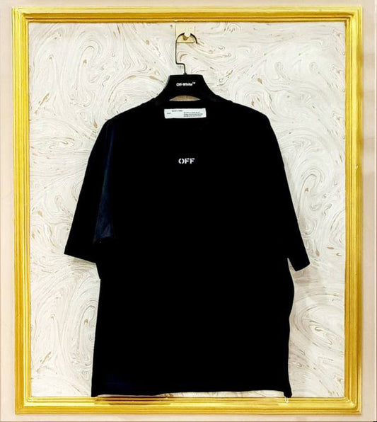 Black oversized t-shirt inspired by Off-White with “OFF” front logo, displayed on hanger in gold frame.