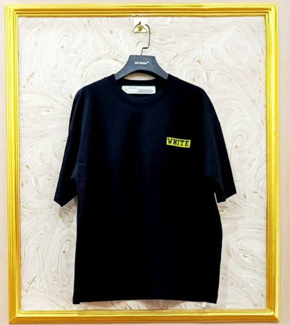 Black t-shirt with "Off-White™" logo on a hanger against a marble wall.