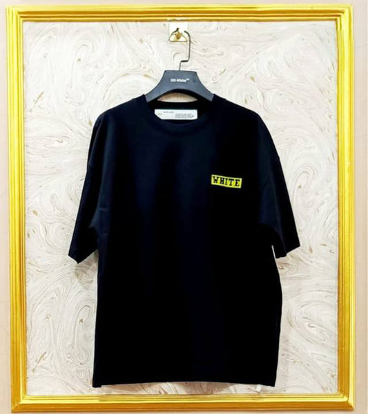 Black t-shirt with "Off-White™" logo on a hanger against a marble wall.