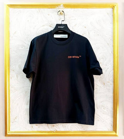 Black t-shirt with "Off-White™" logo on a hanger against a marble wall.
